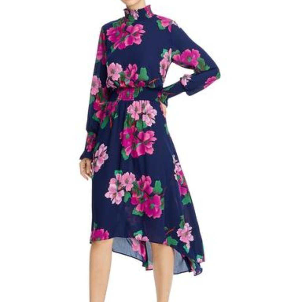 Nanette Lepore Smocked Midi Navy Blue Floral Dress. Size 8. Classy